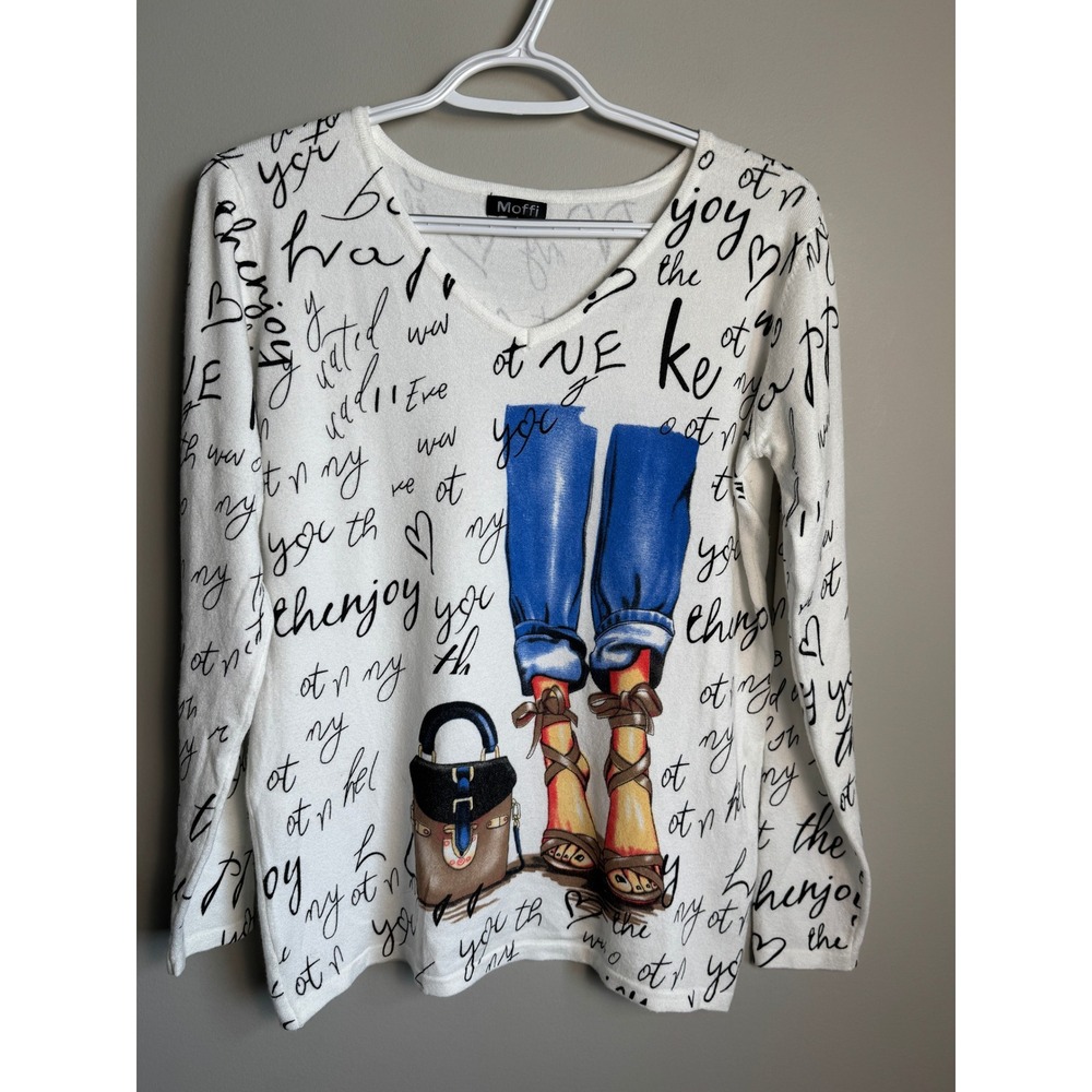 Moffi V-Neck Graphic Script Knit Sweater Top‎ White S Quirky Artistic Whimsical